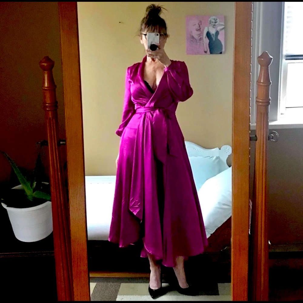 NWT NASTY GAL SATINY WRAP DRESS FUCHSIA MAGENTA